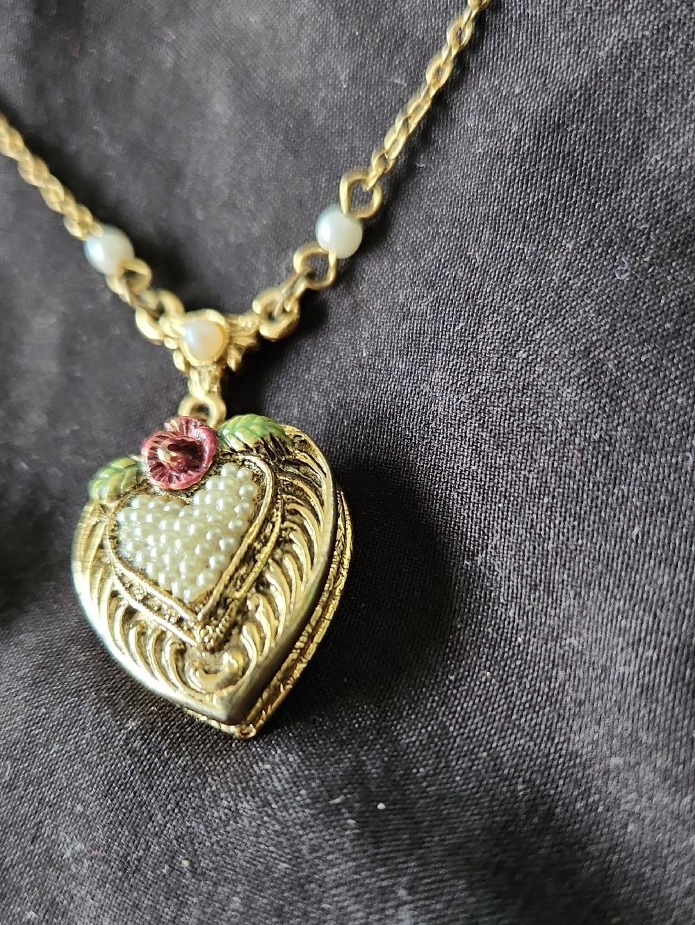 1928 Gold-Tone Heart Locket Necklace with Pink and Green Accents - Picture 5 of 6